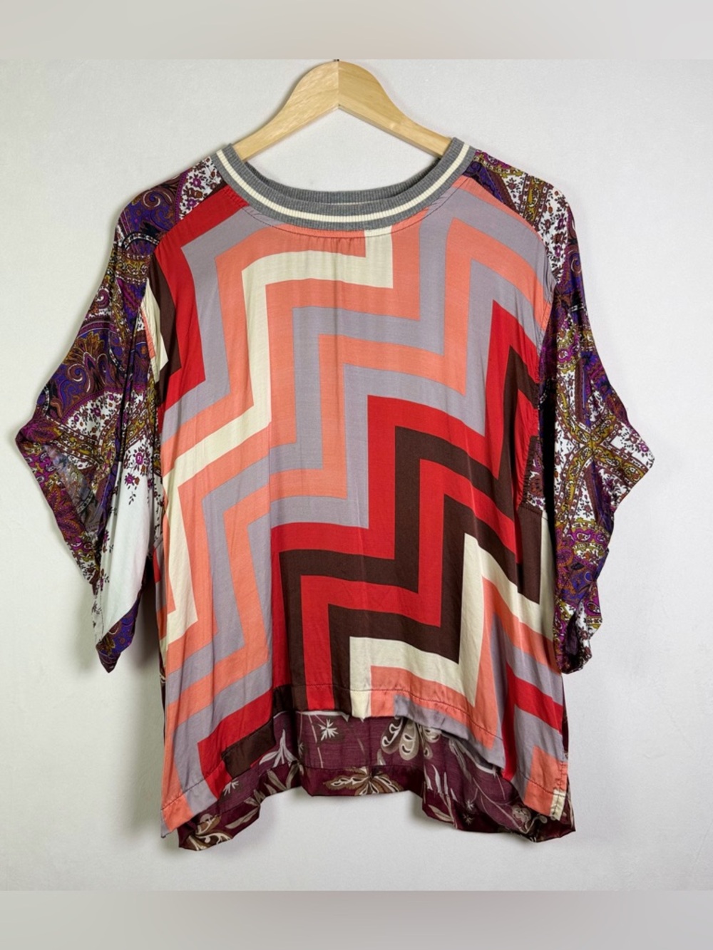 Anthropologie Tiny Mixed Print Patchwork Top Women’s Sz L Chevron Paisley Boho